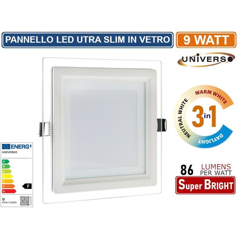 foto del prodotto universo pannello led slim quadrato da incasso con cornice in vetro 9w 780 lumen cct 3000k 4000k 6500k