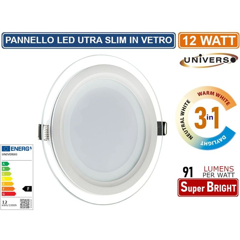 foto del prodotto universo pannello led slim rotondo da incasso con cornice in vetro 12w 1100 lumen cct 3000k 4000k 6500k