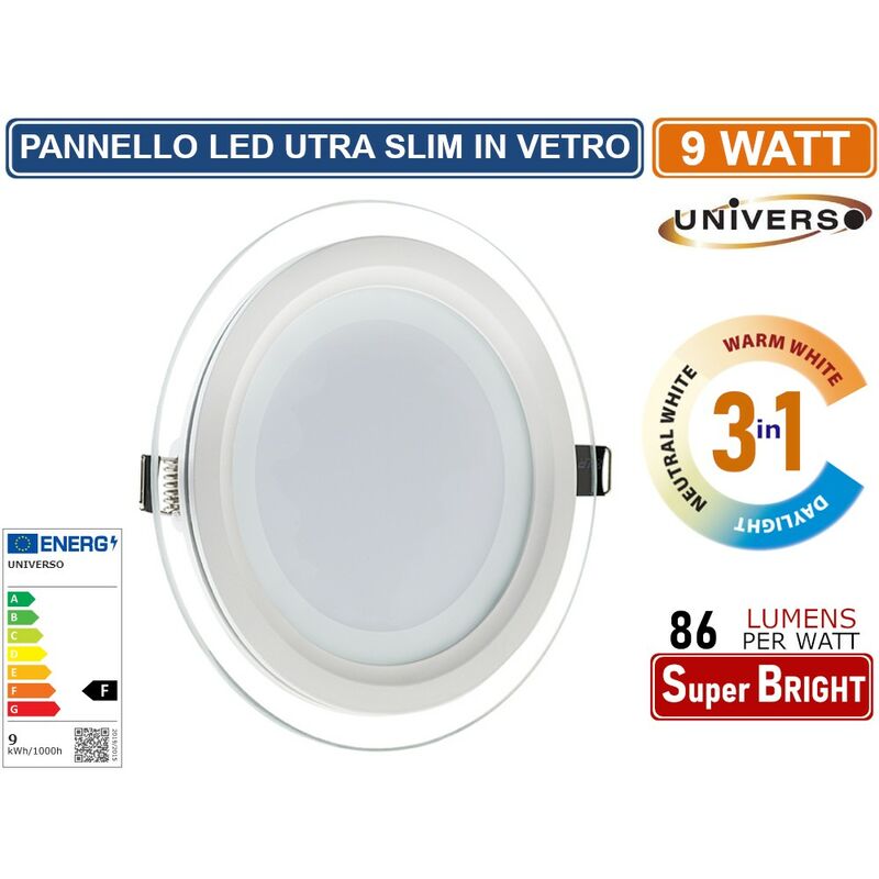 foto del prodotto universo pannello led slim rotondo da incasso con cornice in vetro 9w 780 lumen cct 3000k 4000k 6500k