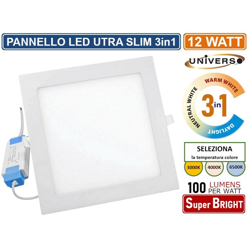 foto del prodotto universo - pannello smd led quadrato da incasso 12w con driver 1200 lumen cct 3000k - 4000k - 6500k selezionabile