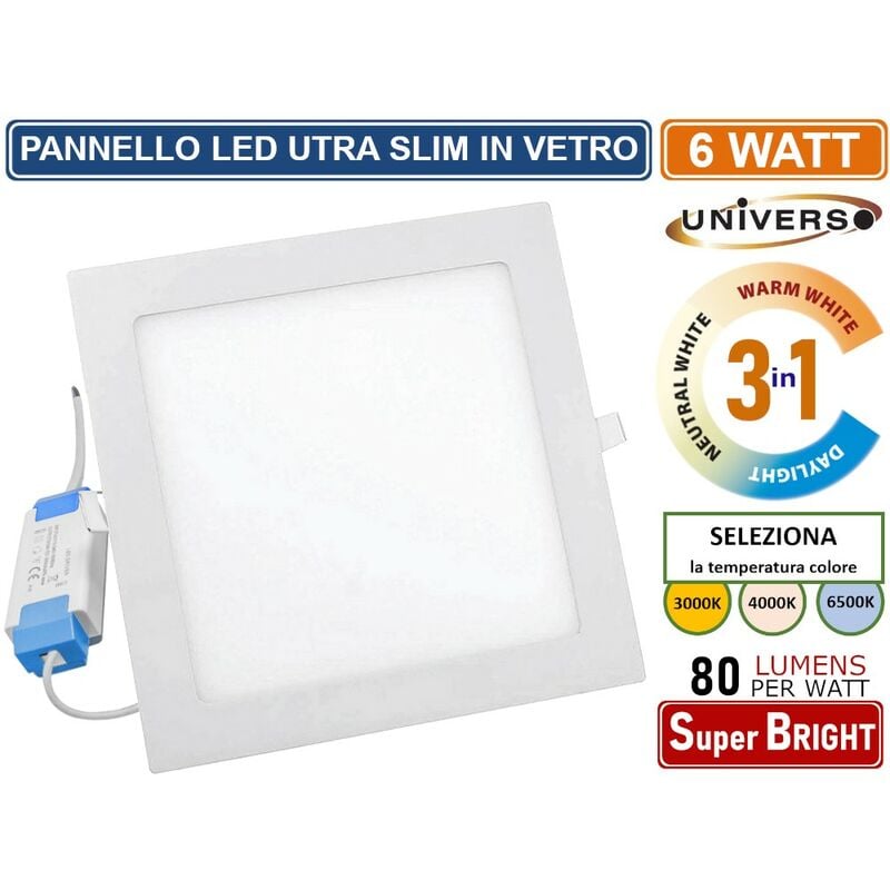 foto del prodotto universo pannello smd led quadrato da incasso 6w con driver 480 lumen cct 3000k 4000k 6500k selezionabile
