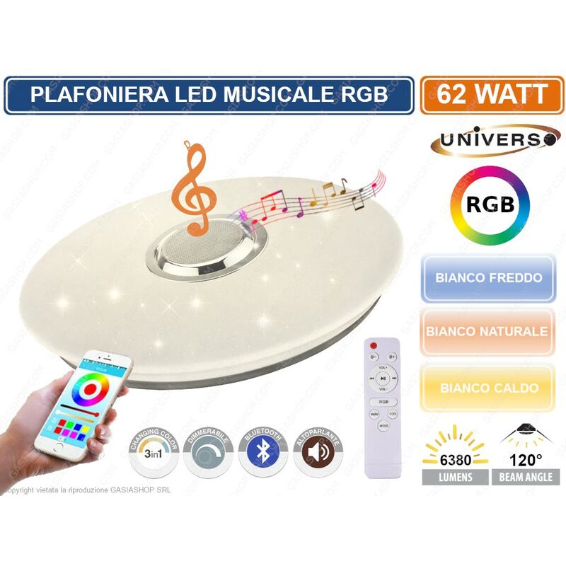 foto del prodotto universo plafoniera led 3in1 rgb 62w forma circolare effetto cielo stellato bluetooth con altoparlante e telecomando