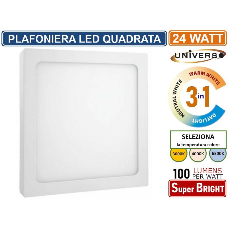 foto del prodotto universo plafoniera led quadrata 24w smd ip20 bianca colore luce 3 in 1 selezionabile cct