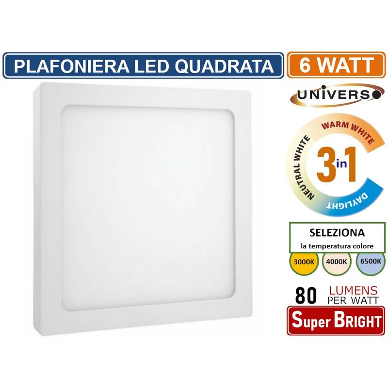 foto del prodotto universo plafoniera led quadrata 6w smd ip20 bianca colore luce 3 in 1 selezionabile cct