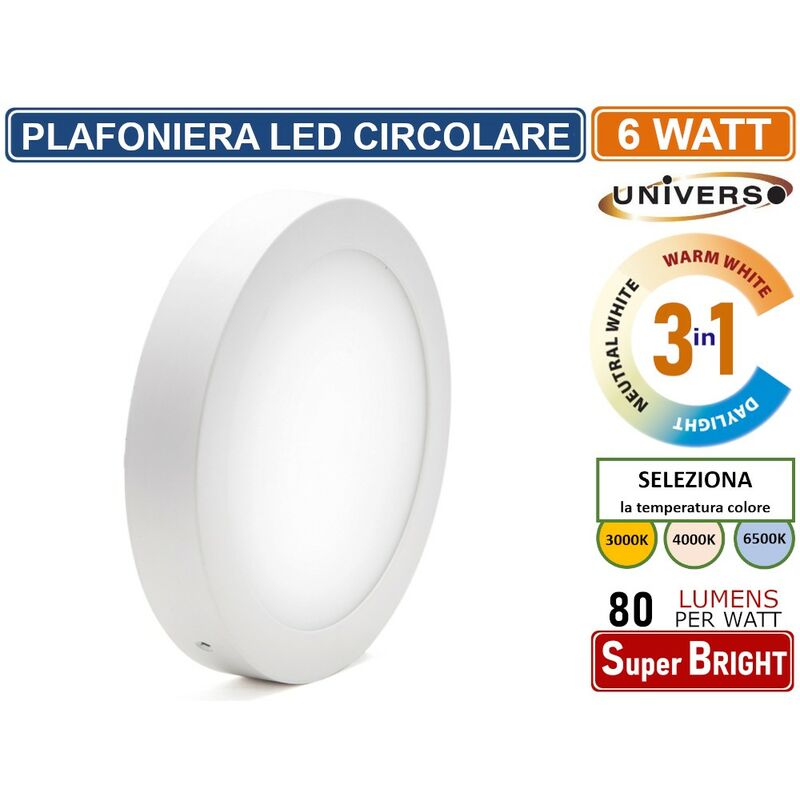 foto del prodotto universo plafoniera led rotonda circolare 6w smd ip20 bianca colore luce 3 in 1 selezionabile cct