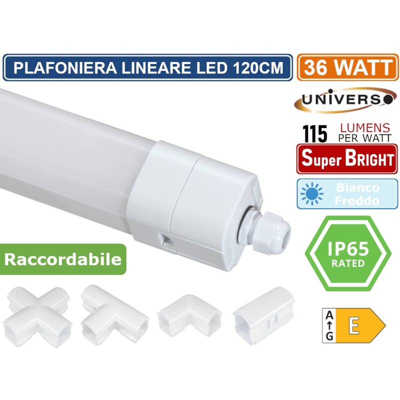 foto del prodotto universo - plafoniera lineare 120cm 36w da esterno ip65 raccordabile 4160 lumen - bianco freddo 6500k