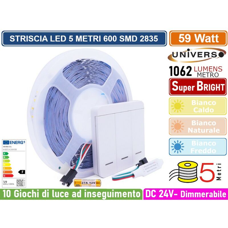 foto del prodotto universo strip striscia led flessibile monocolore dc 24v 59w 600 smd led 2835 5310 lumen 10 giochi di luce ad inseguimento ip20 colore luce 