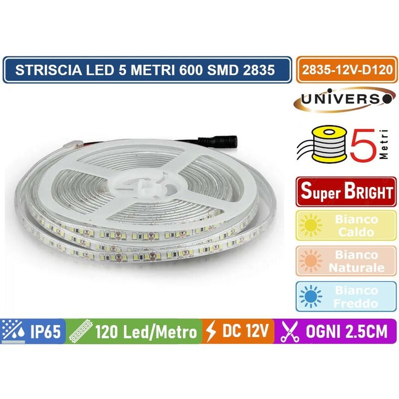 foto del prodotto universo strip striscia led monocolore 5 metri smd 2835 120 led metro ip65 divisibile ogni 2.5cm colore luce bianco caldo