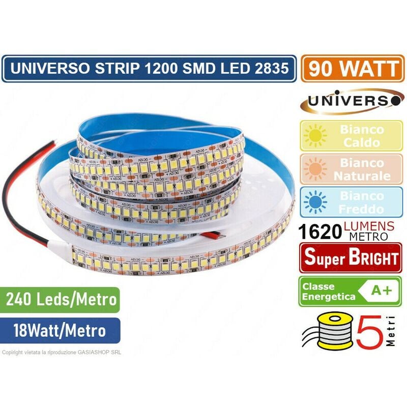 foto del prodotto universo strip striscia led monocolore 5 metri smd 2835 240 led metro ip20 90w 8100 lumen ip20 colore luce bianco freddo