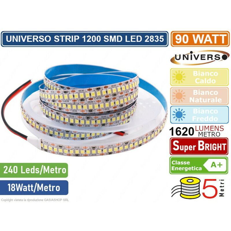 foto del prodotto universo strip striscia led monocolore 5 metri smd 2835 240 led metro ip20 90w 8100 lumen ip20 colore luce bianco naturale