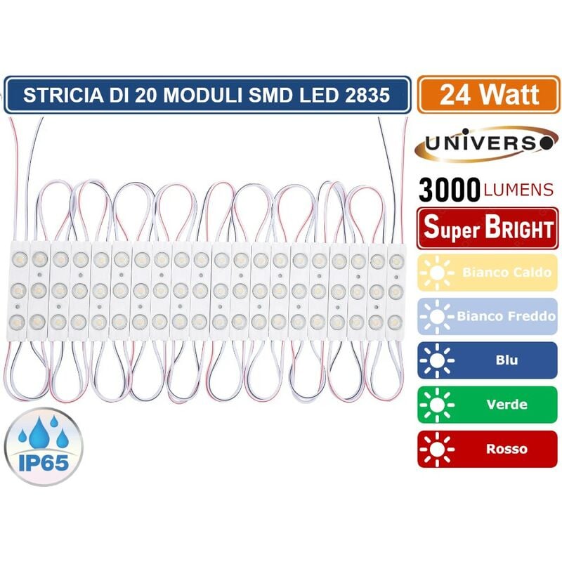 foto del prodotto universo - striscia led 20 moduli indipendenti 24w smd 2835 dc 12v impermeabile ip65 - colore luce rosso