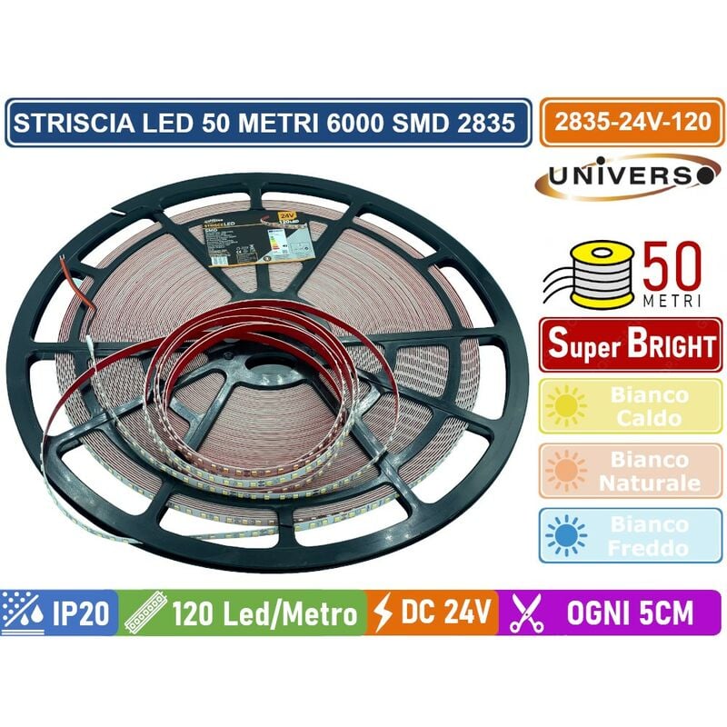 foto del prodotto universo striscia led smd 2835 bobina da 50 metri 12w m 24v monocolore 120 led metro 53000 lumen ip20 colore luce bianco caldo