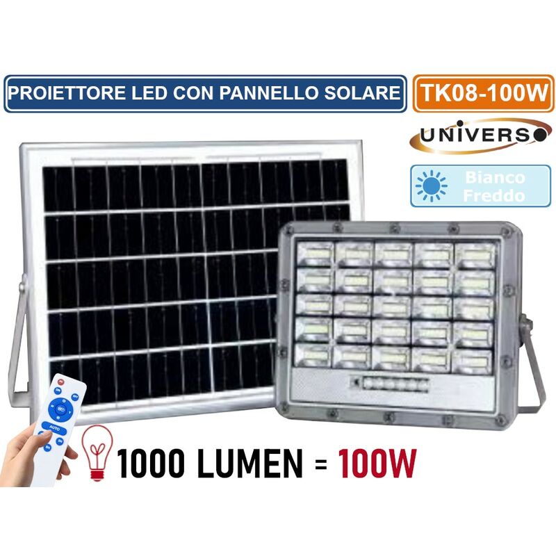 foto del prodotto universo tk08 100w faro led floodlight 1000 lumen ip65 colore grigio con pannello solare e telecomando