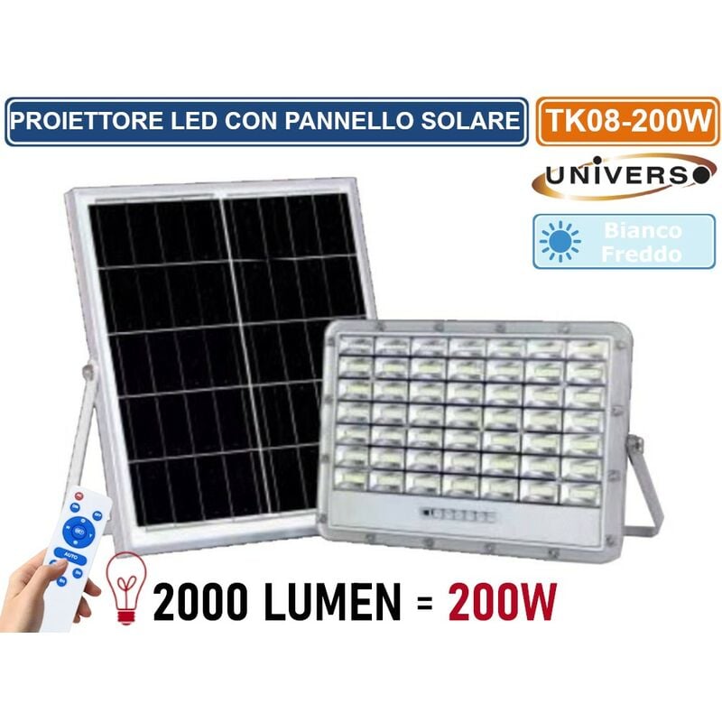 foto del prodotto universo tk08 200w faro led floodlight 2000 lumen ip65 colore grigio con pannello solare e telecomando