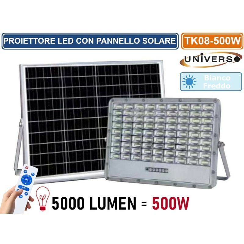 foto del prodotto universo tk08 500w faro led floodlight 5000 lumen ip65 colore grigio con pannello solare e telecomando
