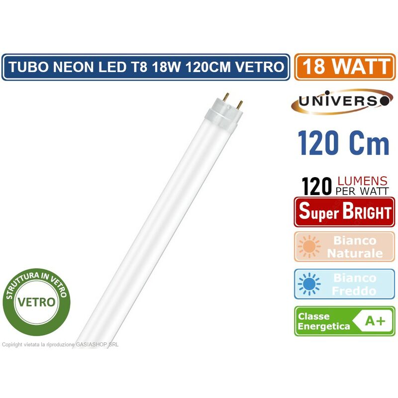 foto del prodotto universo tubo led smd in vetro t8 g13 18w lampadina 120cm 2150 lumen 330 4000k 6500k colore luce bianco naturale
