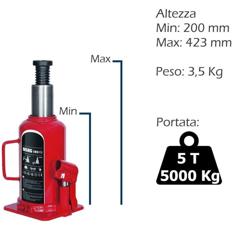 foto del prodotto usag 1951 b cricco martinetto sollevatore idraulico a bottiglia cric 5000 kg 5 ton