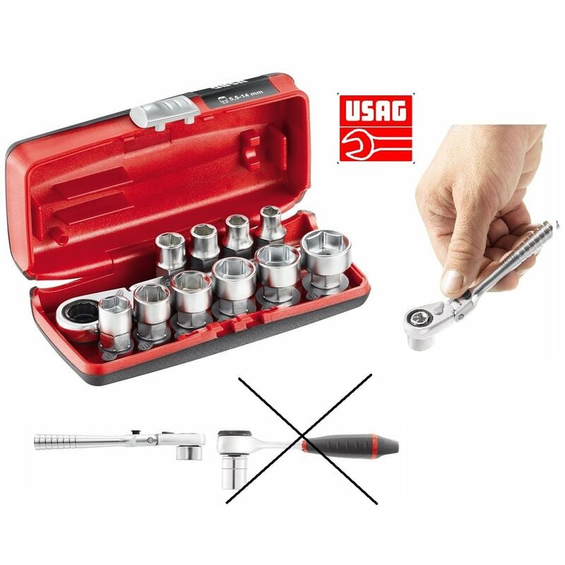foto del prodotto usag 610 1 4 efk assortimento bussole ribassate cricchetto reversibile kit 11 pz