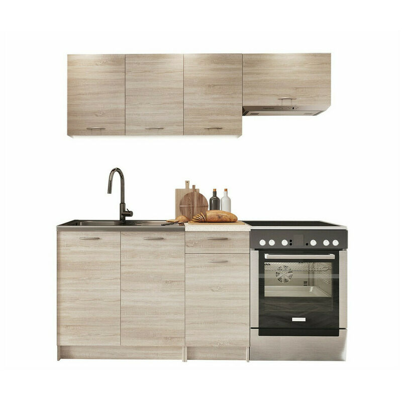 foto del prodotto usinestreet composizione cucina trenton 101, sonoma quercia beige, 180x60cm, con, truciolare laminato, led con