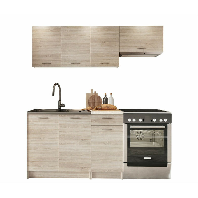 foto del prodotto usinestreet composizione cucina trenton 101, sonoma quercia beige, 180x60cm, con, truciolare laminato, led senza
