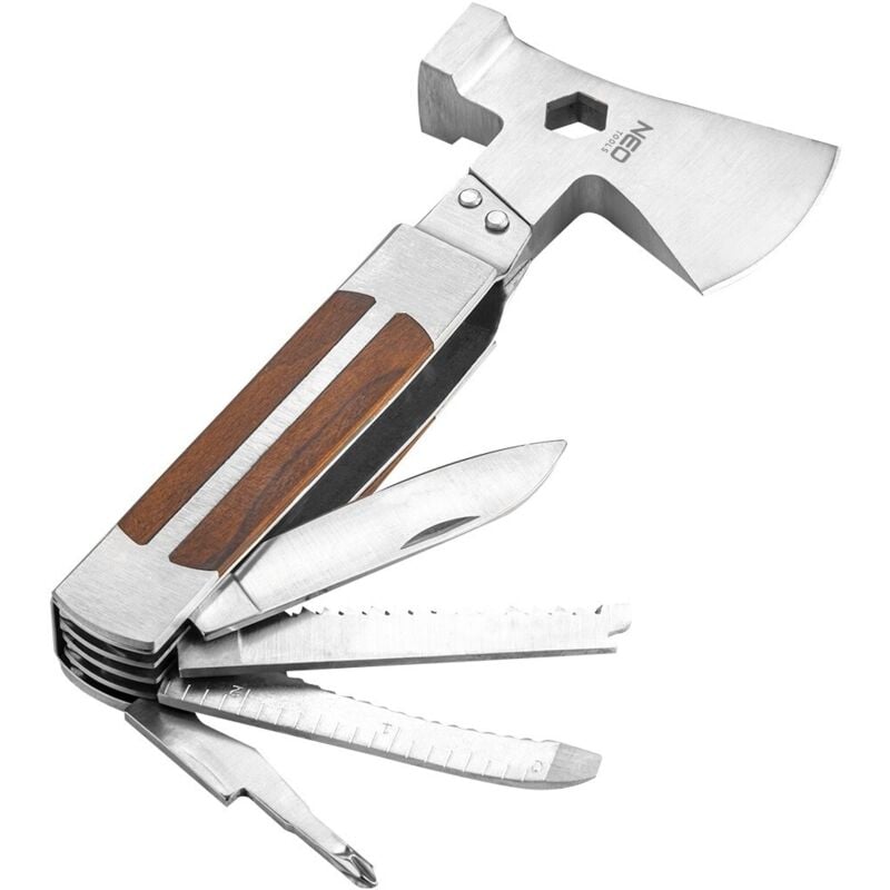 foto del prodotto utensile da escursione multifunzione 11 in 1 con corpo in acciaio inox e manico rivestito in legno