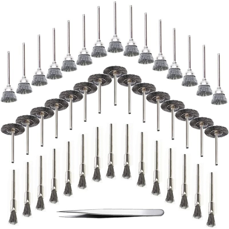 foto del prodotto utensile per foratura del legno da 45 pezzi, spazzola metallica, filo in acciaio inossidabile, spazzola rotante per trapano in metallo, argento