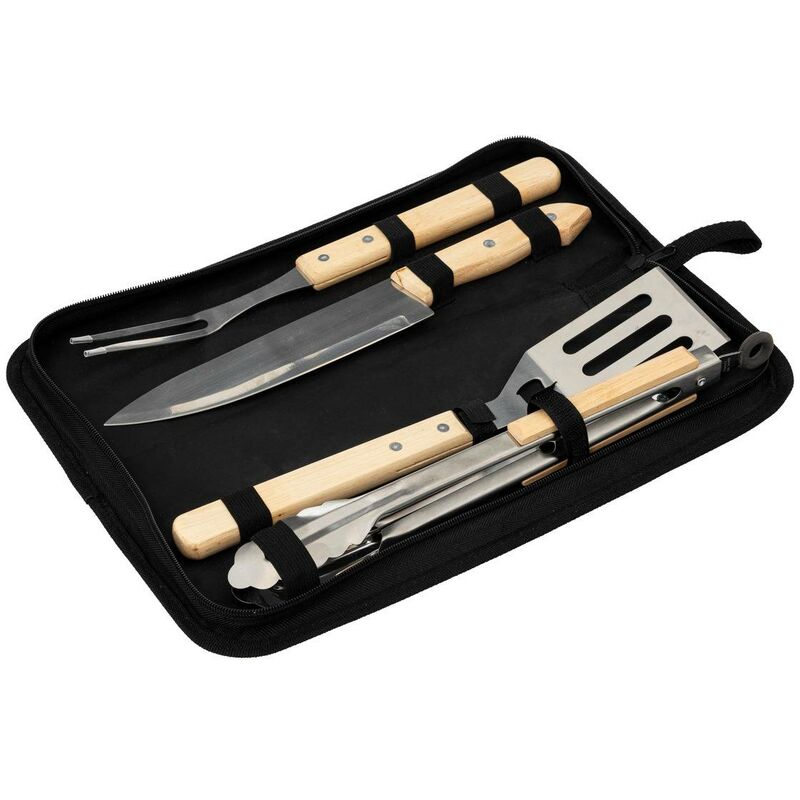 foto del prodotto utensili da barbecue in legno e custodia in tela neka