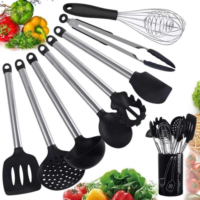 foto del prodotto utensili da cucina 9 pezzi utensili da cucina in silicone, antiaderenti e antigraffio con un barattolo di conservazione, utensili da cucina in acciaio inossidabile tutti hanno un set di spatole in sil