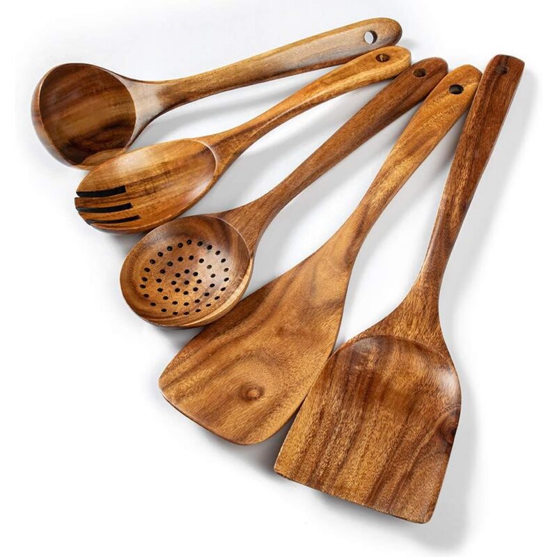 foto del prodotto utensili da cucina in legno set da cucina premium da 5 pezzi set di utensili in legno di teak facili da pulire materiale leggero, resistente al