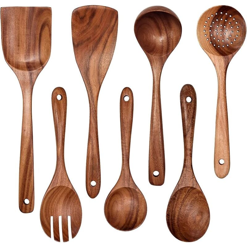 foto del prodotto utensili da cucina in legno set da cucina premium da 7 pezzi set di utensili in legno di teak facili da pulire materiale leggero, resistente al