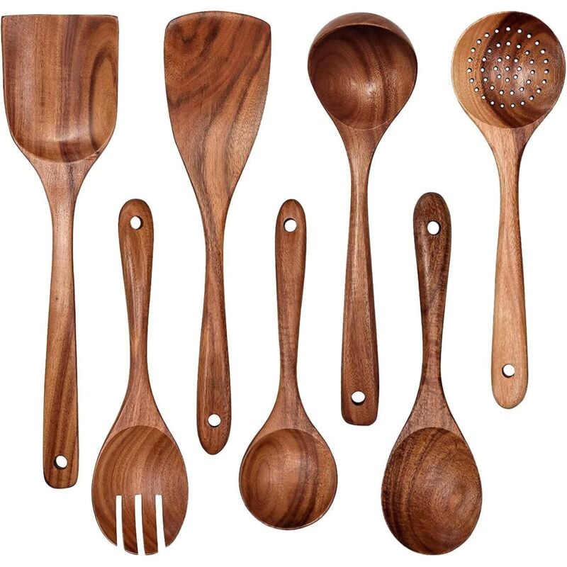 foto del prodotto utensili da cucina in legno - set da cucina premium da 7 pezzi - set di utensili in legno di teak facili da pulire - materiale leggero, resistente al calore, durevole e antigraffio