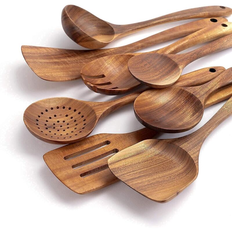 foto del prodotto utensili da cucina in legno - set da cucina premium da 8 pezzi - set di utensili in legno di teak facili da pulire - materiale leggero, resistente al calore, durevole e antigraffio