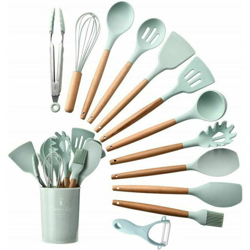 foto del prodotto utensili da cucina, utensili da cucina in silicone e legno, set di utensili da cucina antiaderenti, silicone alimentare, 11 pezzi lablanc