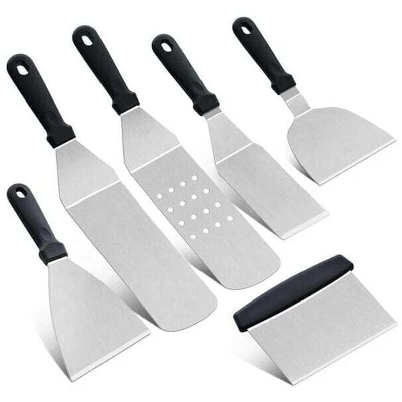 foto del prodotto utensili per barbecue, set di 6 spatole da cucina in acciaio inossidabile, spatola per grigliare, raschietto per pancake, strumento per cucinare