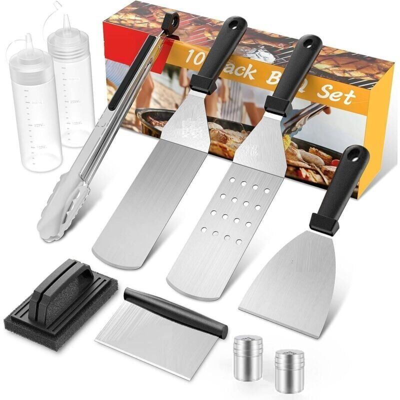 foto del prodotto utensili per piastra 10 pezzi in acciaio inox, spatola per barbecue, accessorio per piastra, kit per piastra per teppanyaki,