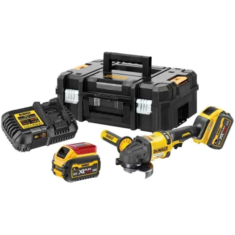 foto del prodotto utensili smerigliatrice angolare aku 54 v 125 mm, 2 batterie flexvolt da 6,0 ah, caricabatterie dcg418t2 dewalt