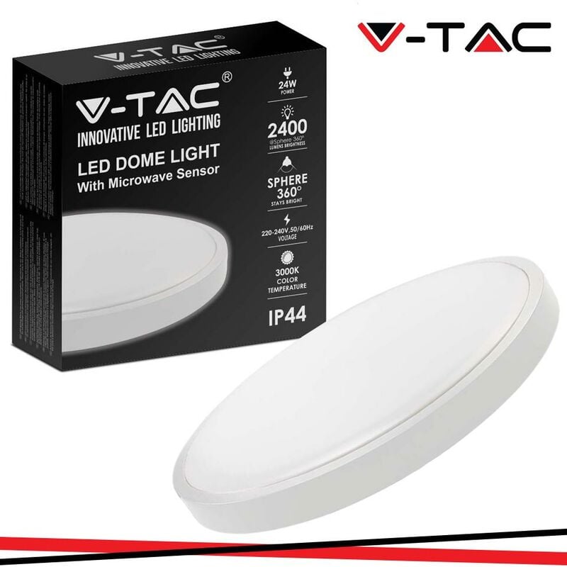 foto del prodotto v tac 24w led dome light rotondo microwave sensor cornice bianca 4000k ip44 luce naturale