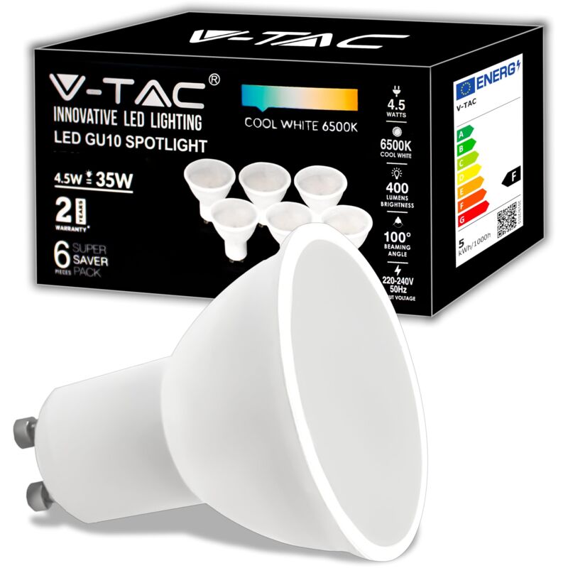 foto del prodotto v tac 6x lampadine led gu10 4.5w equivalenti a 35w 400 lumen alta luminosit faretto led gu10 massima efficienza e risparmio energetico