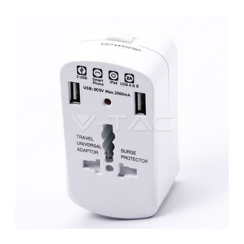 foto del prodotto v-tac adattatore universale da viaggio 2500w con 2 prese usb e protezione da sovraccarico 8704