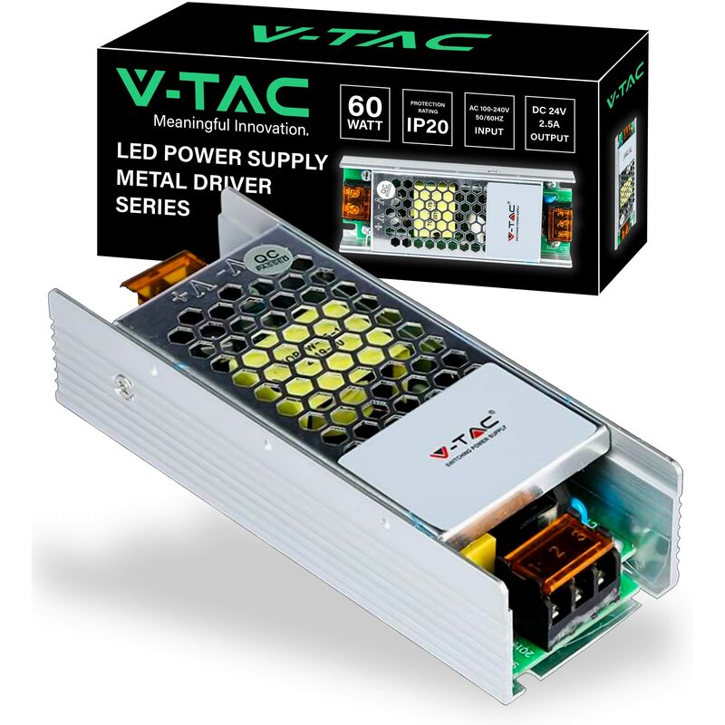 foto del prodotto v tac alimentatore per strisce led professionale 60w 24v 2,5a con 1 uscita trasformatore in metallo per apparecchiature elettroniche, telecamere,