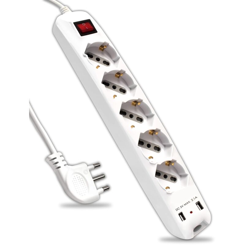 foto del prodotto v tac ciabatta multipresa elettrica con interruttore e cavo da 1,5 metri 5 prese 10 16a bipasso schuko 2 prese usb con spina 16a presa