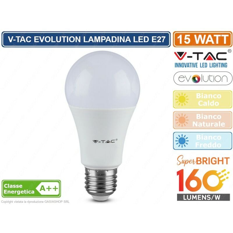 foto del prodotto v tac evolution vt 2315 lampadina led e27 15w bulb a65 2400 lumen sku 2812 2813 2814 colore luce bianco caldo