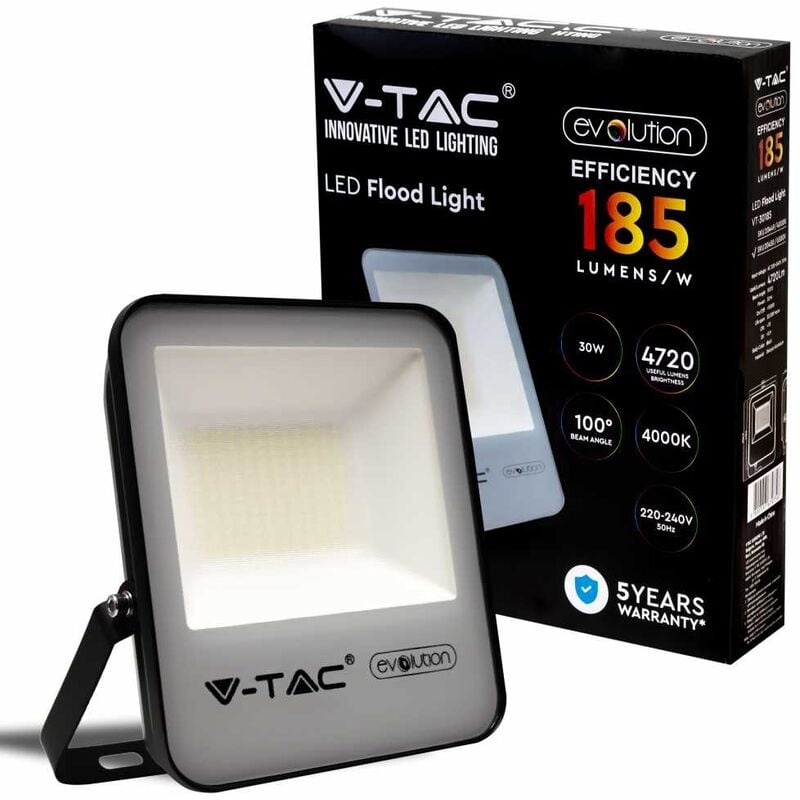 foto del prodotto v tac evolution vt 30185 faro led 30w chip samsung smd 157lm w 100 bianco naturale 4000k slim alluminio nero ip65 sku 20449