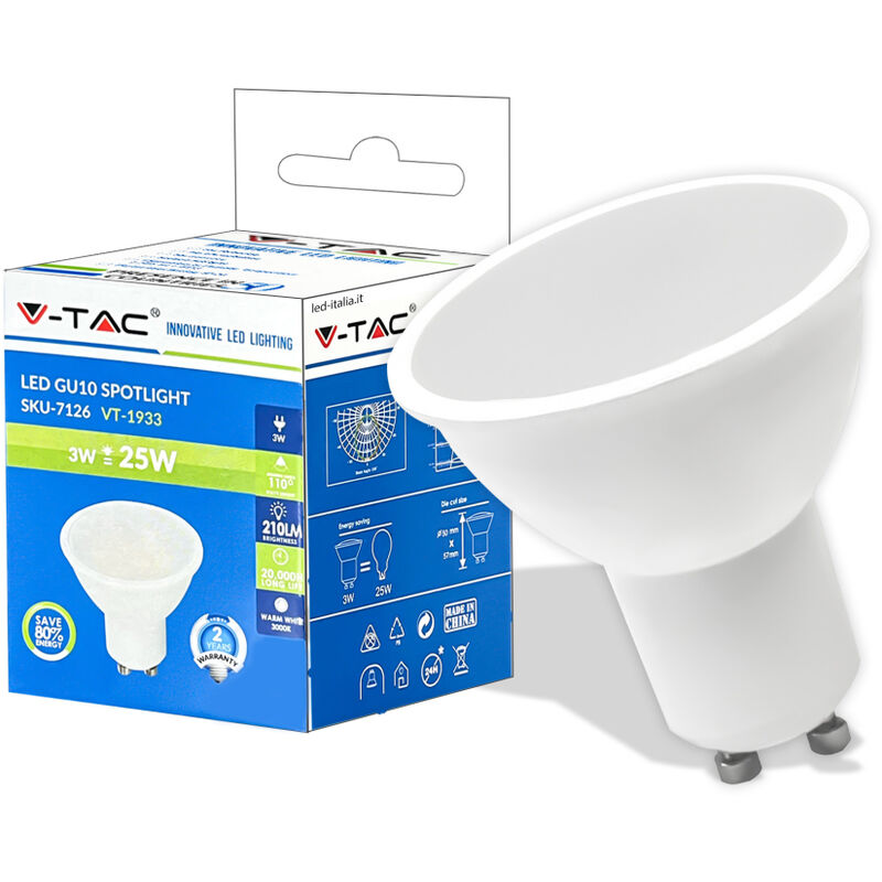 foto del prodotto v tac faretto led attacco gu5.3 mr16 da 3w copertura trasparente bianco freddo