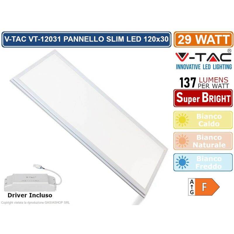 foto del prodotto v tac generation vt 12031 pannello led rettangolare 120x30 29w smd con driver sku 216256 216257 216258 colore luce bianco freddo