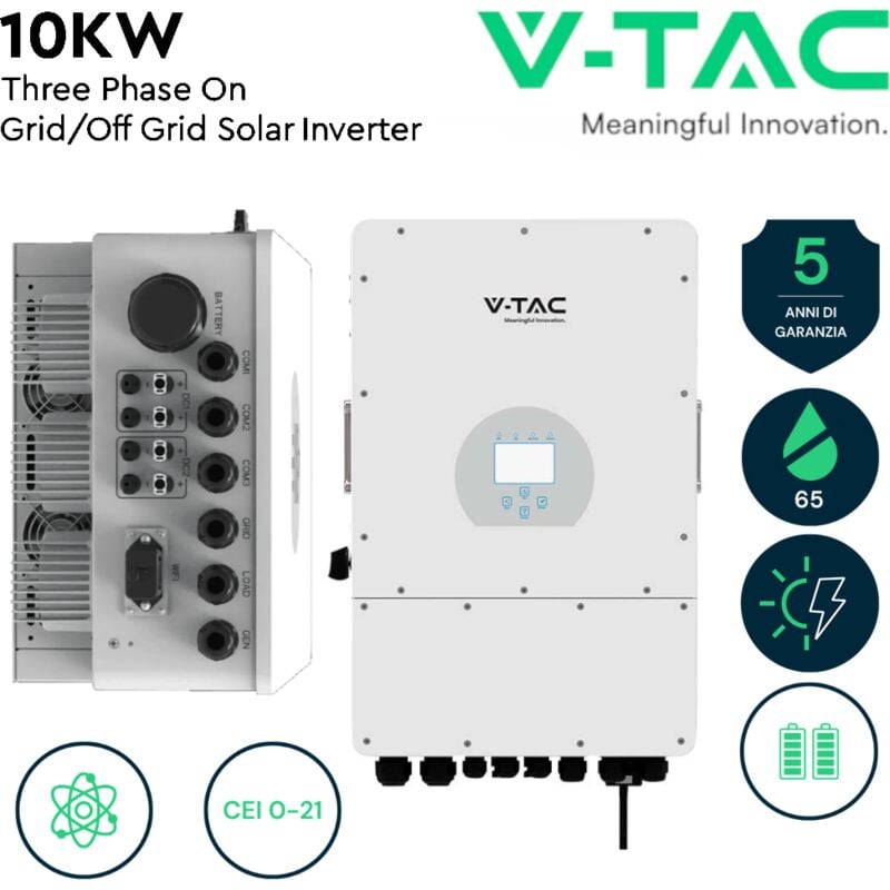 foto del prodotto v tac inverter di rete ibrido on grid off grid per impianto fotovoltaico, 10kw, trifase, garanzia 5 anni, con data logger wifi, 2 coppie di