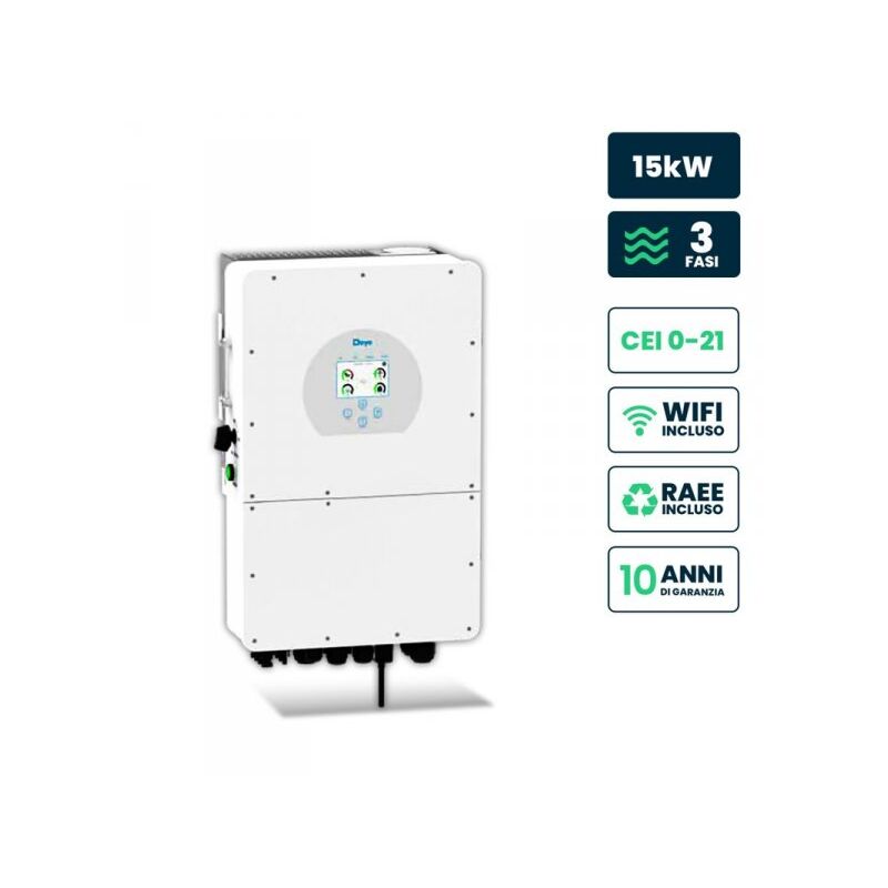 foto del prodotto v tac inverter fotovoltaico deye trifase ibrido alta tensione on grid off grid 15kw cei 0 21, schermo lcd touch a colori, smart meter integrato, wifi