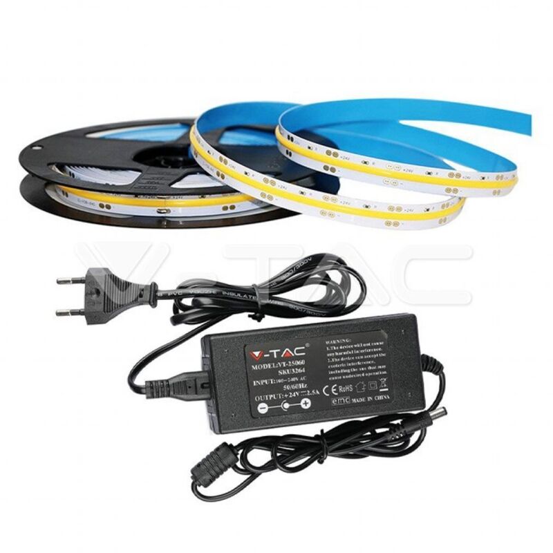 foto del prodotto v-tac kit striscia led 24v cob 10w 5m monocolore bianco caldo 3000k ip20 alimentatore - sku 2673