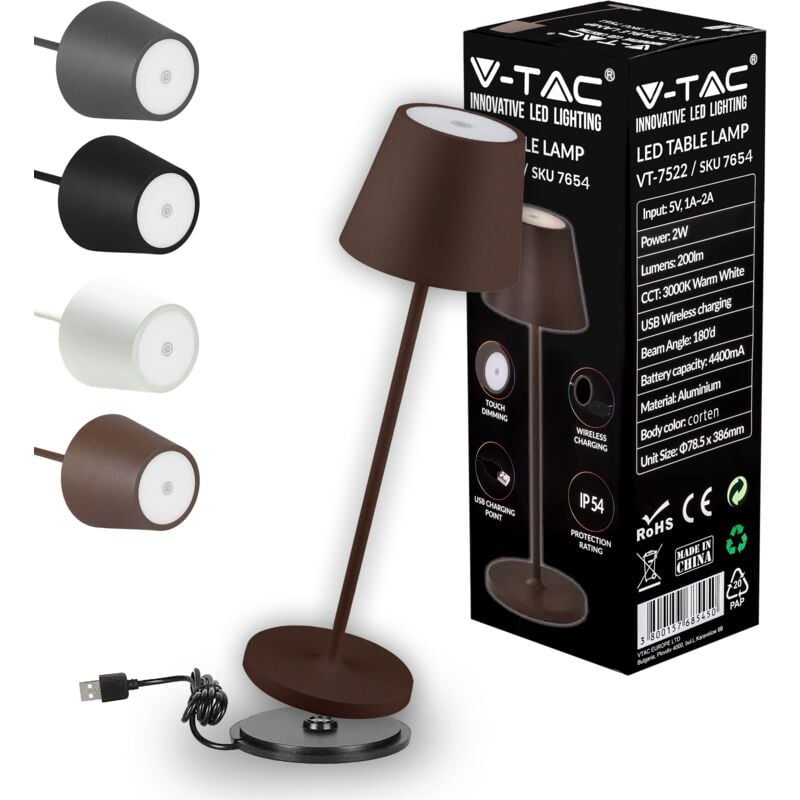 foto del prodotto v tac lampada da tavolo senza fili led dimmerabile in alluminio lampada marrone wireless per uso interno ed esterno ip54 da casa o ristorante 