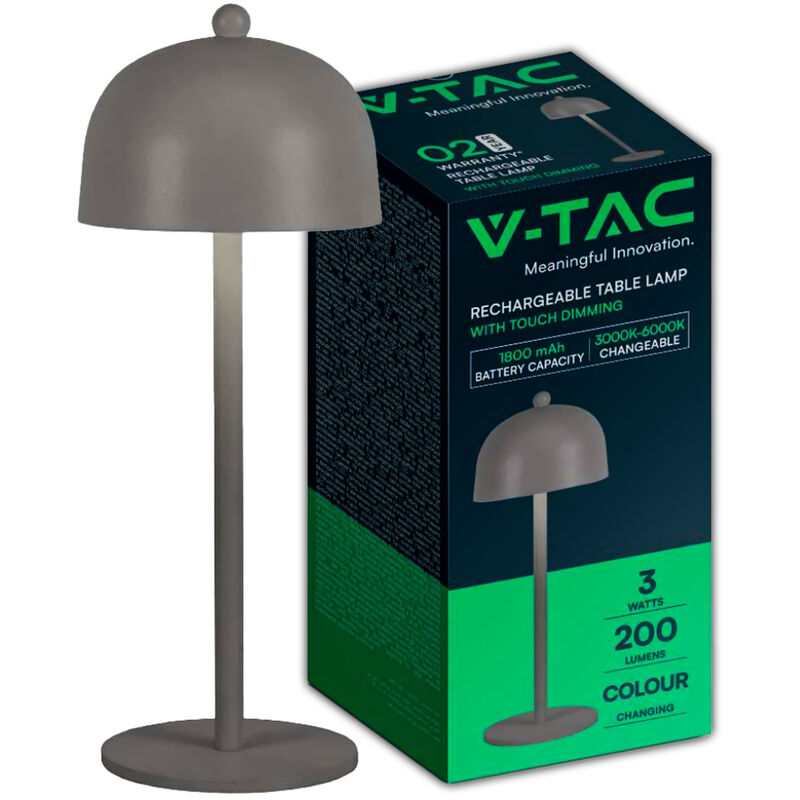 foto del prodotto v tac lampada led da tavolo 3w ricaricabile, grigio metallo touch dimmerabile 3in1
